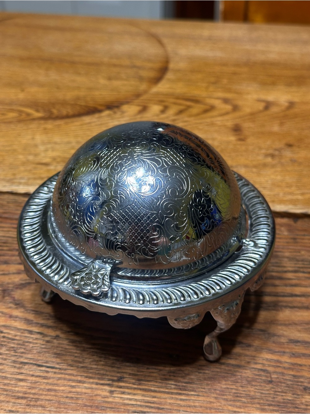 Vintage Ornate Silver Plated Globe Shaped Butter, Caviar Dish ,glass missing